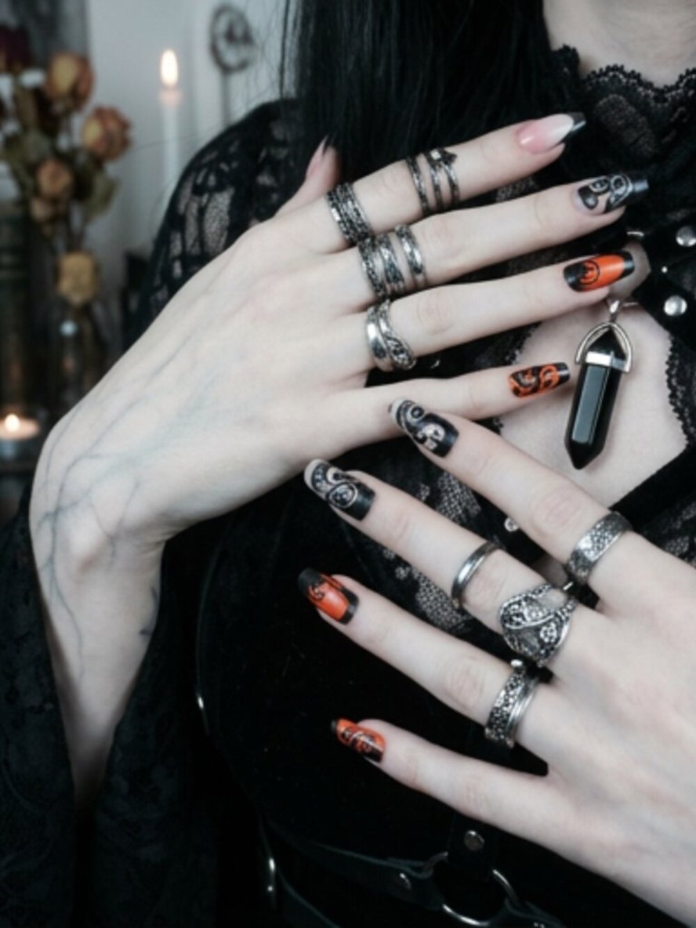 Gothic Tribal Swirl Press-On Nails Set (24 Pcs + Prep Kit)